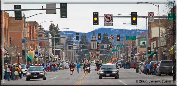 St. Patrick's Day parade in Kalispell, MT, marches up Main Street. © 2008, James R. Conner.